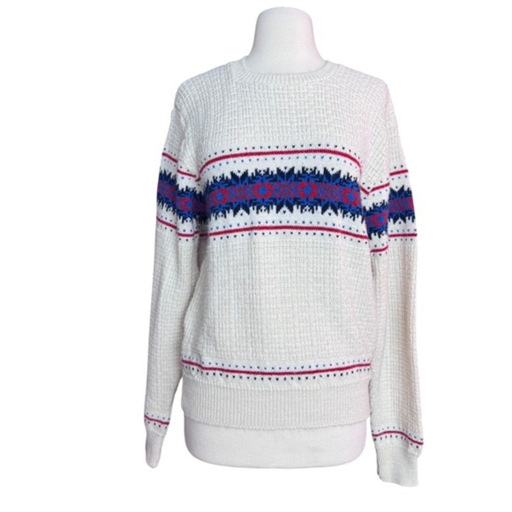 Vintage 80s Men Medium Cabin Sweater Cream Blue and Red Iredell‎ County Grandpa
